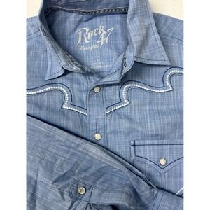 Rock‎ 47 Wrangler Mens Western Shirt Long Sleeve Embroidered Blue Snap Front